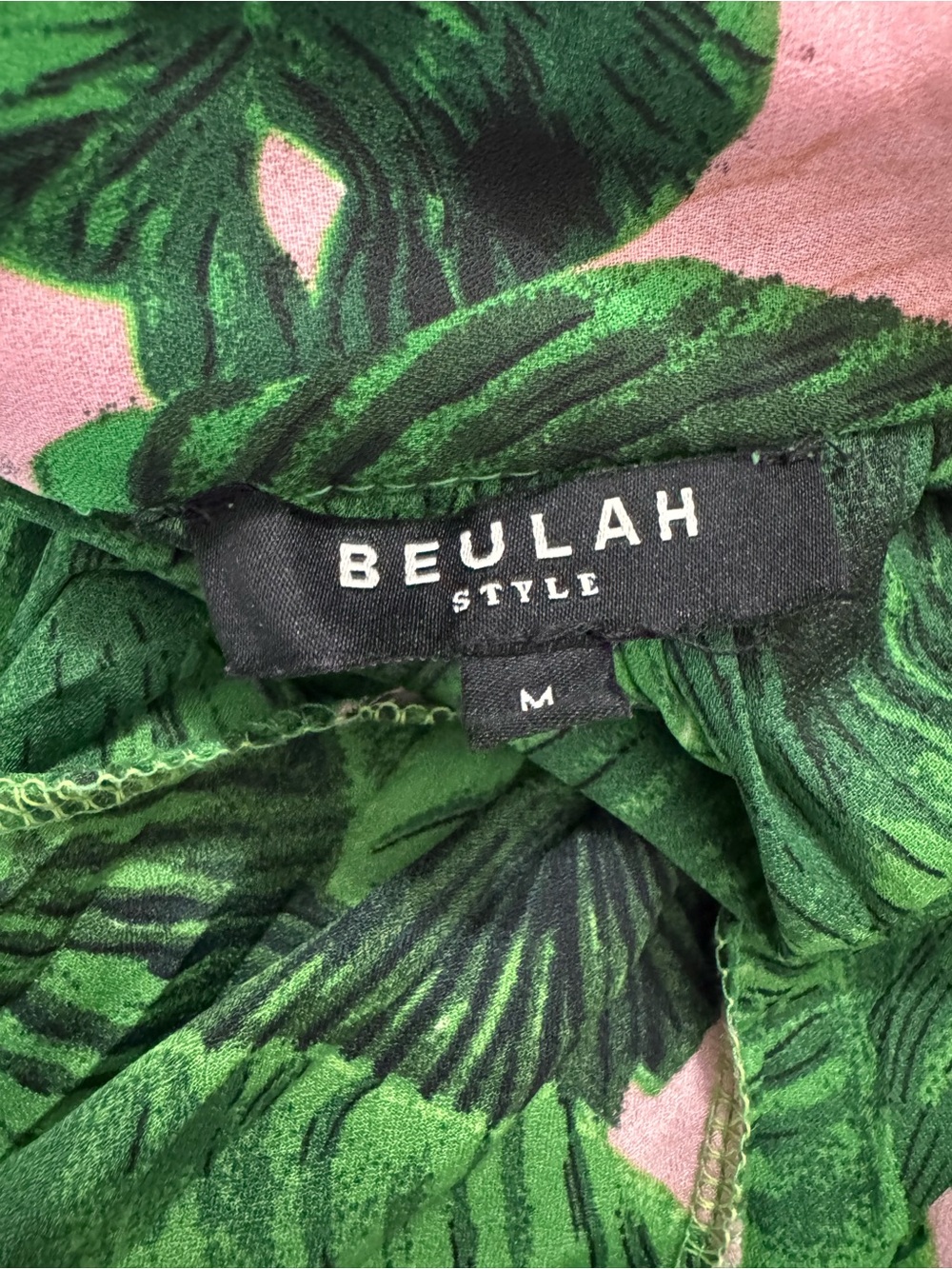 Beulah Style Palm Print Pleated Maxi Dress Green Pink Tropical Long Sleeve Sz M - Picture 10 of 11